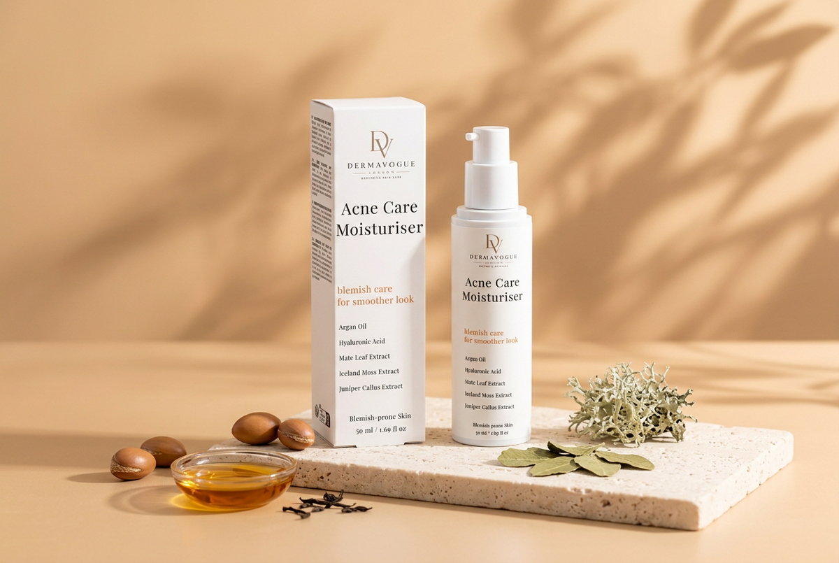 Acne Care Moisturiser cu ambalaj pe fundal șampanie