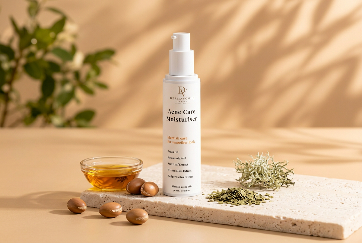 Acne Care Moisturiser flacon pe fundal șampanie