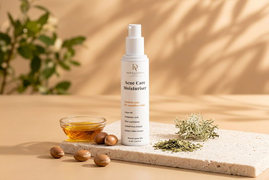 Acne Care Moisturiser flacon pe fundal șampanie