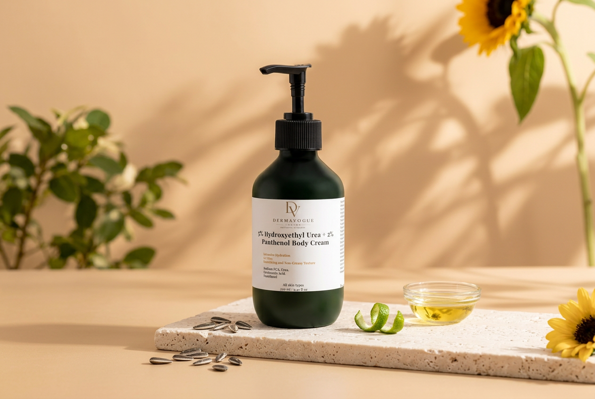Body Cream 250 ml, vedere din față pe fundal șampanie