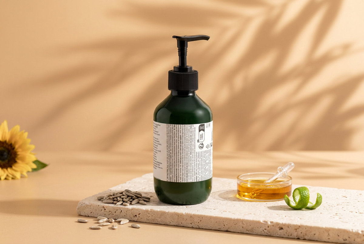 Body Cream 250 ml, vedere din spate pe fundal șampanie