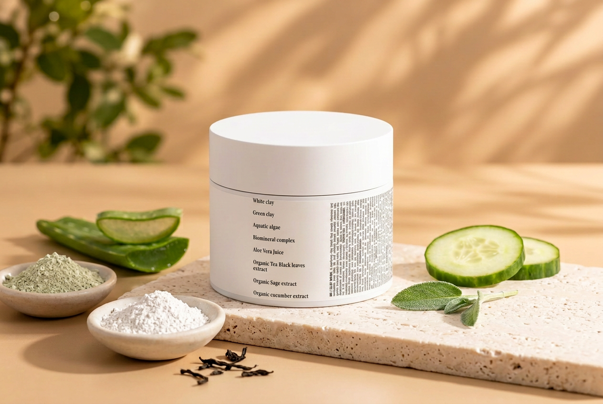Clay Mask, vedere din spate pe fundal șampanie